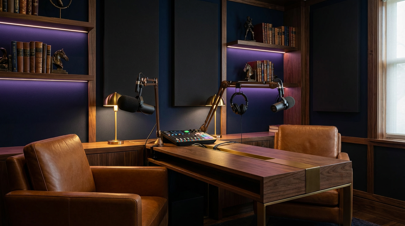 Luxury Podcast Studio - Navy Gold Executive Setup