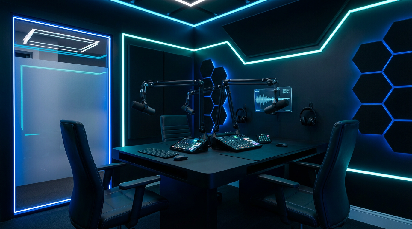 Neo-Tech Podcast Studio - Cyan Blue Futuristic Setup